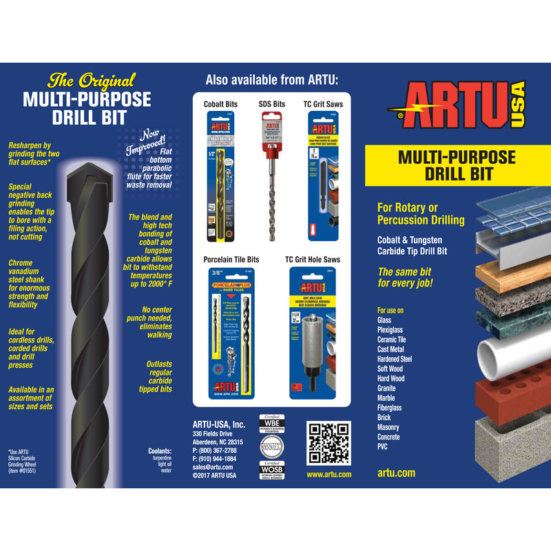 ARTU USA INC, ARTU 1/4 in. X 4-1/8 in. L Carbide Carbide Drill Bit Quick-Change Hex Shank 1 pc