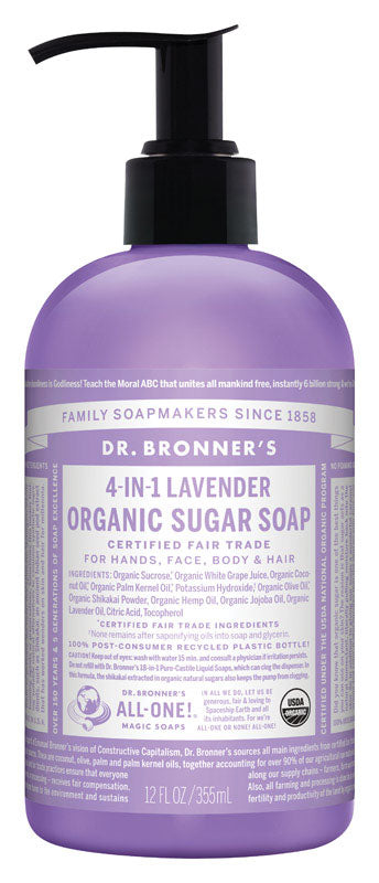 ALL ONE GOD FAITH INC, Bronner's 4-in-1 Organic Lavender Scent Sugar Soap 12 oz (Pack de 12).