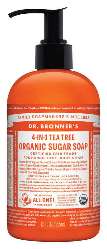 ALL ONE GOD FAITH INC, Bronner's 4-in-1 Organic Tea Tree Scent Sugar Soap 12 oz (Pack de 12).