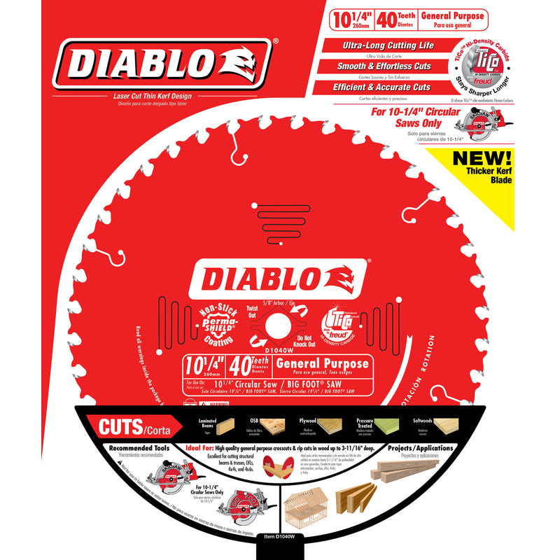 FREUD AMERICA INC, Diablo 10-1/4 in. D X 5/8 in. TiCo Hi-Density Carbide Circular Saw Blade 40 teeth 1 pk