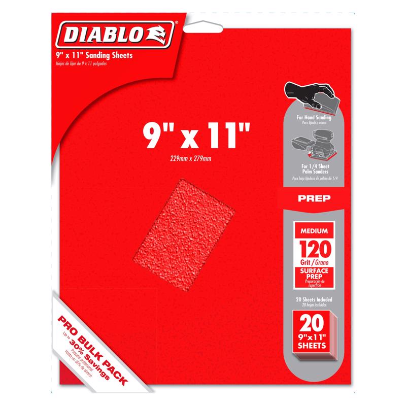 FREUD AMERICA INC, Diablo 9 in. L X 11 po. W 120 Grit Aluminum Oxide Sanding Sheet 20 pk