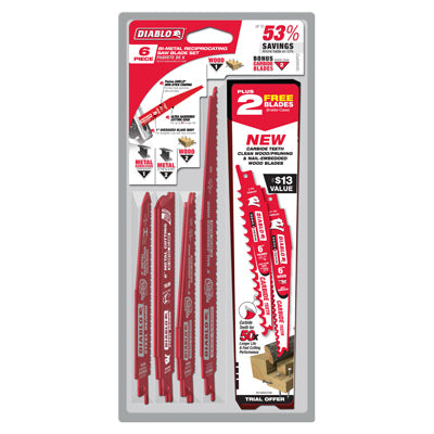 Freud, Diablo Reciprocating Set With 2 Free Carbide Reciprocating Blades, Bi-Metal, 6-Pc.