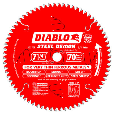 Freud, Diablo Steel Demon 7-1/4 in. Dia. x 5/8 in. Lame de scie au carbure pour métaux ferreux 70 dents .(Paquet de 5)