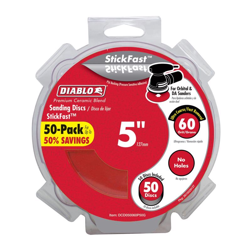 FREUD AMERICA INC, Diablo StickFast 5 in. Ceramic Blend Adhesive Sanding Disc 60 Grit Ultra Coarse 50 pk