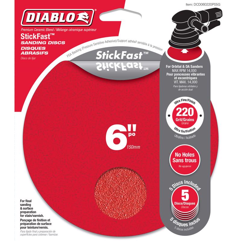 Freud, Diablo StickFast 6 in. Ceramic Blend Adhesive ROS Pull Tab Sanding Disc 220 Grit Ultra Fine (Pack of 5)