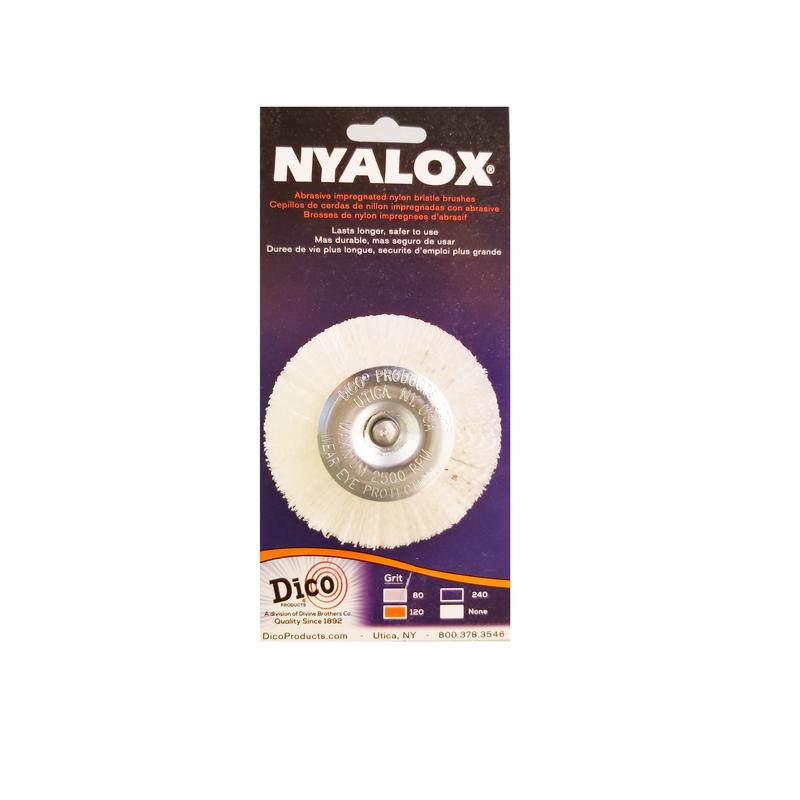 COMPAGNIE DES FRÈRES DIVINS, Dico Nyalox 4 in. Brosse à Roue Montée sur Mandrin Fine Sertie Nylon 2500 rpm 1 pc.