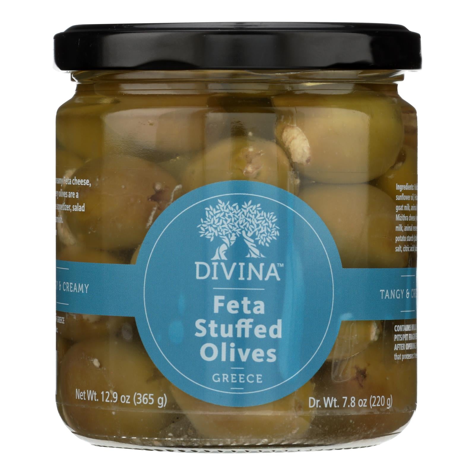 Divine, Divina - Olives farcies au fromage Feta - Caisse de 6 - 7.8 oz. (Paquet de 6)