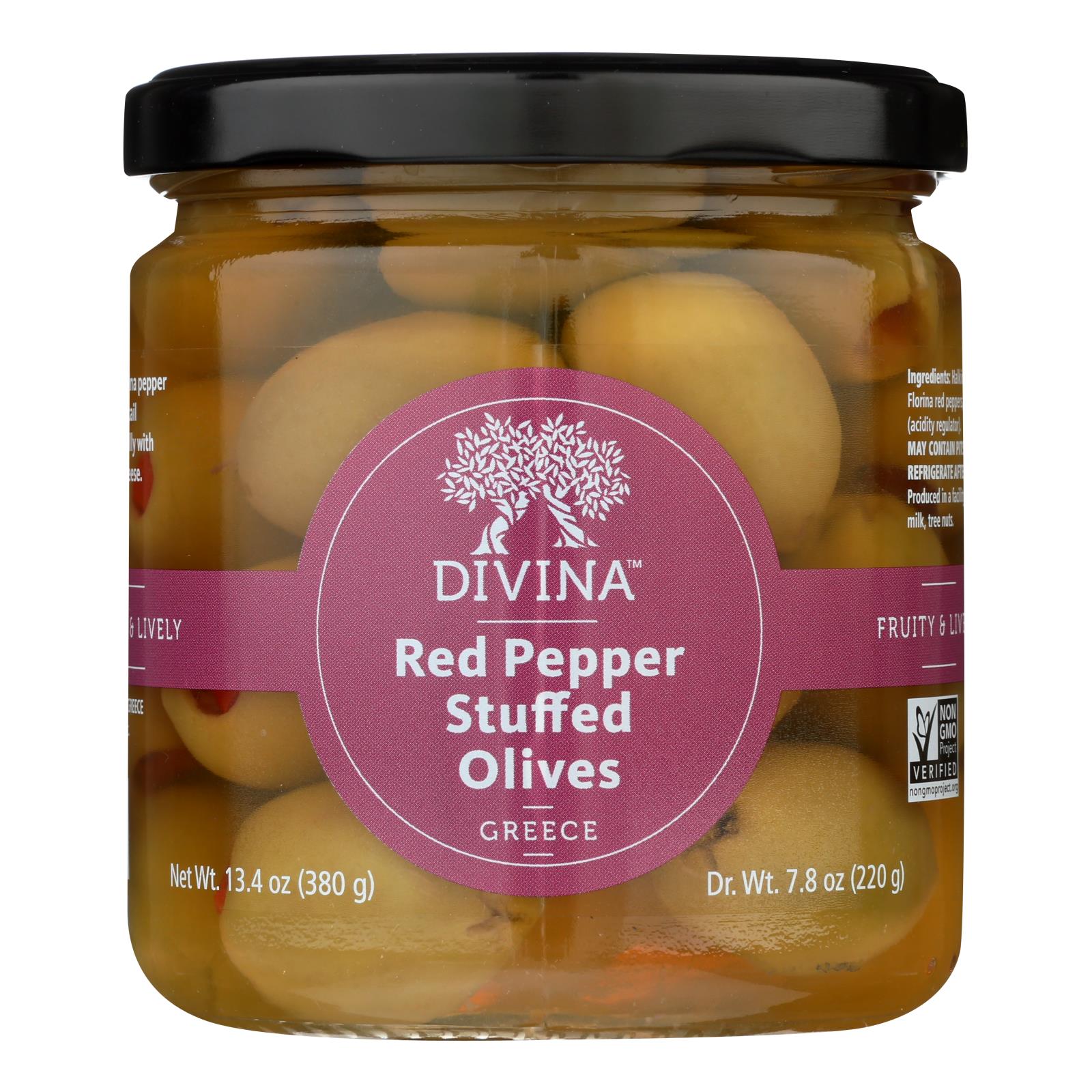 Divine, Divina - Olives farcies aux poivrons - Carton de 6 - 7.8 oz. (Pack de 6)