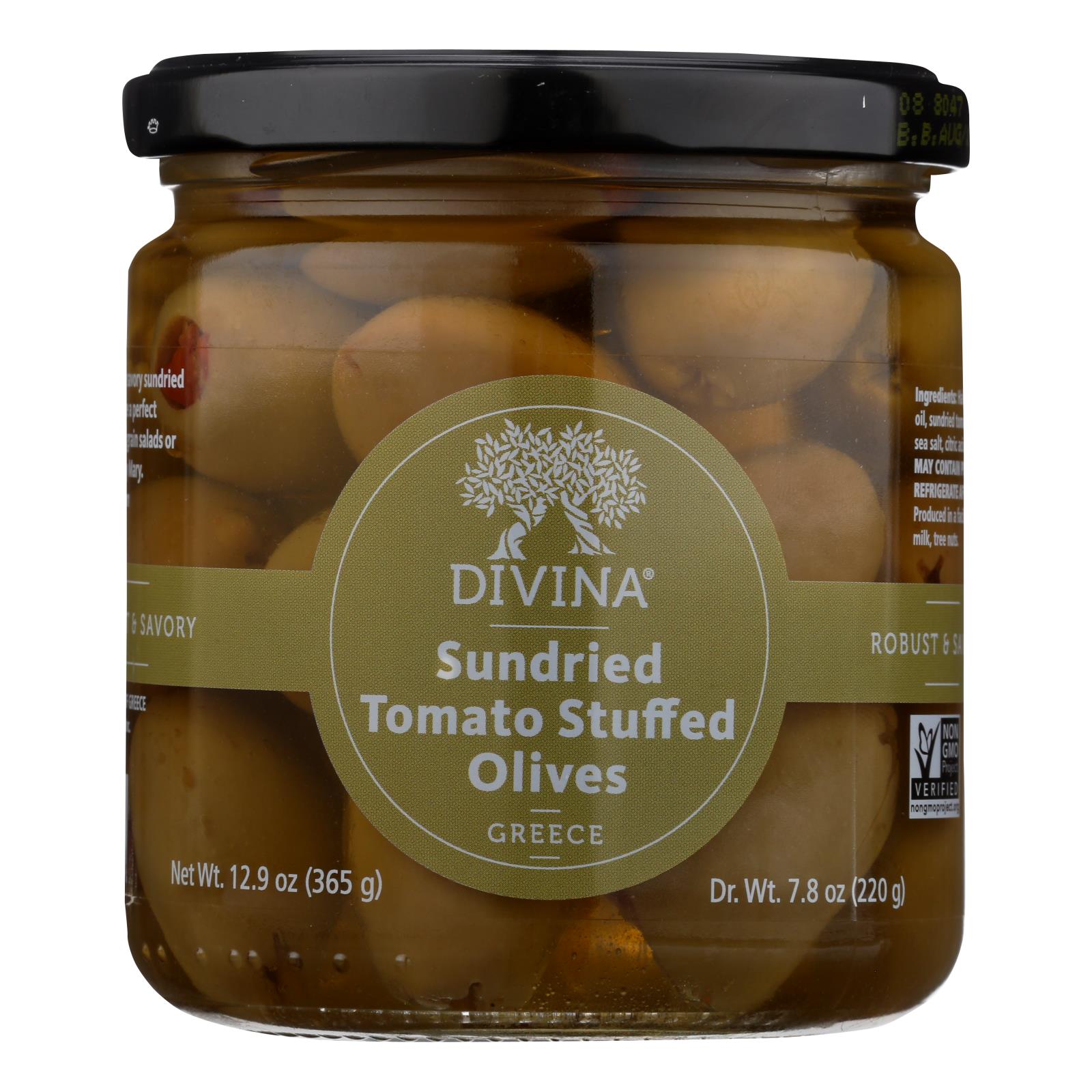 Divine, Divina - Olives farcies aux tomates séchées au soleil - Caisse de 6 - 7.8 oz. (Paquet de 6)