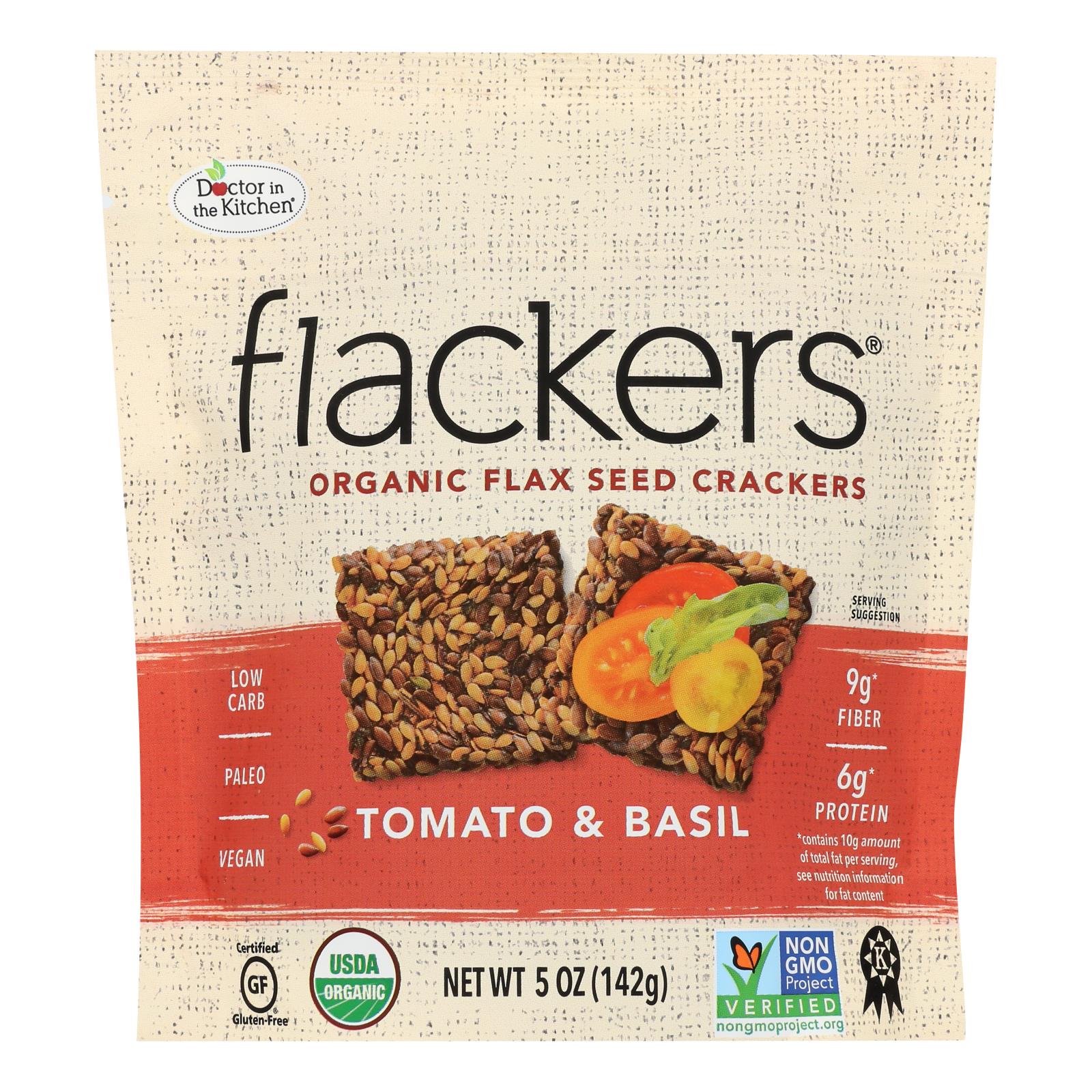 Flackers, Doctor In The Kitchen - Crackers aux graines de lin biologiques - Tomate et basilic - Caisse de 6 - 5 oz (paquet de 6)