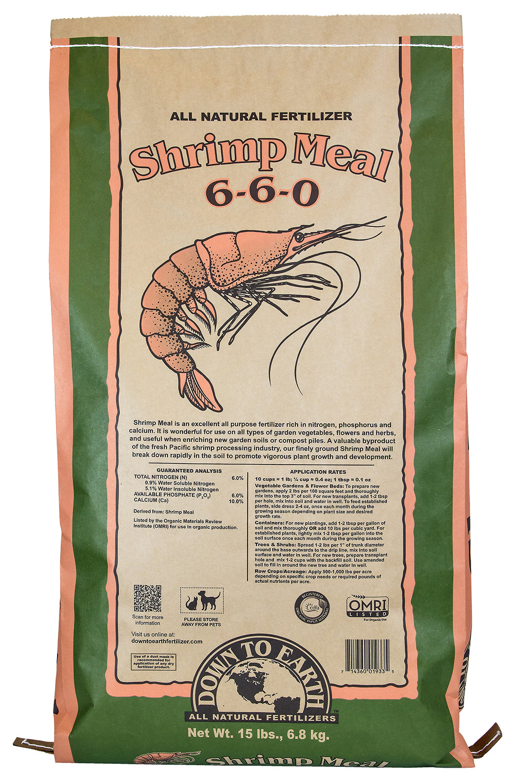 JENSEN DISTRIBUTIONS SERVICES, Down To Earth 01933 15 Lb Shrimp Meal All Natural Fertilizer 6-6-0 (Engrais naturel à base de farine de crevettes)