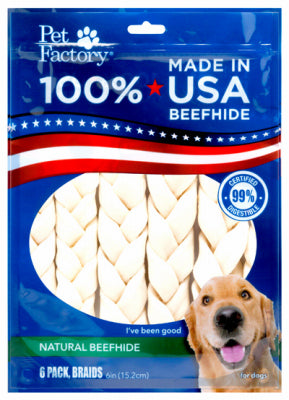 Pet Factory Inc, Friandises pour chien, American Beefhide Rawhide Braid, Medium, 6-Pk.