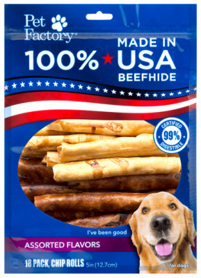 Pet Factory Inc, Friandises pour chiens, American Beefhide Rawhide Chips Rolls, Assorted Flavors, 18-Pk.