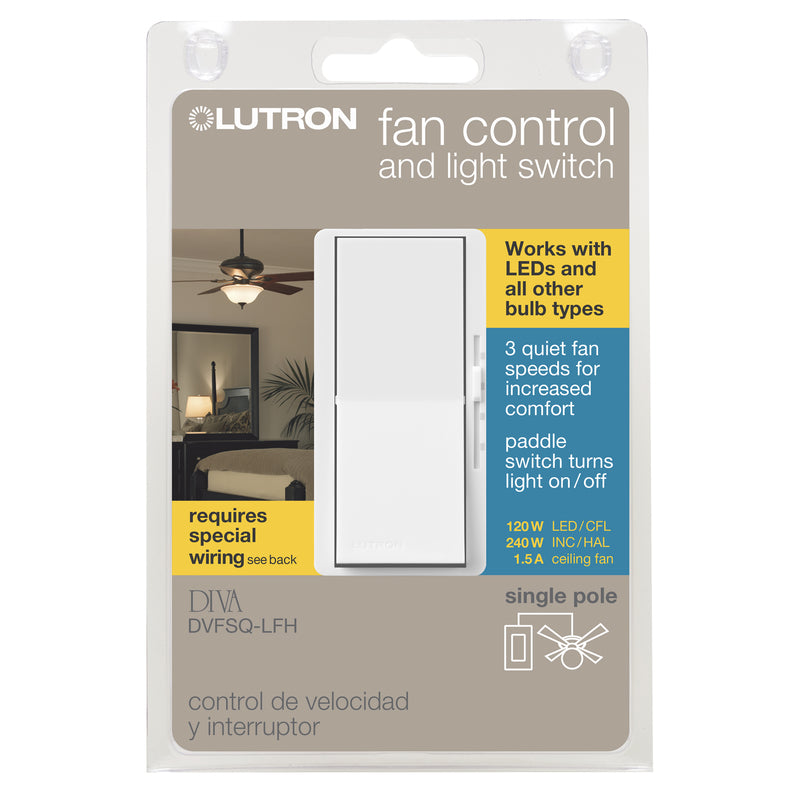 LUTRON ELECTRONICS CO, Lutron Diva 1.5 amps Single Pole Rocker/Slide Fan Control White 1 each