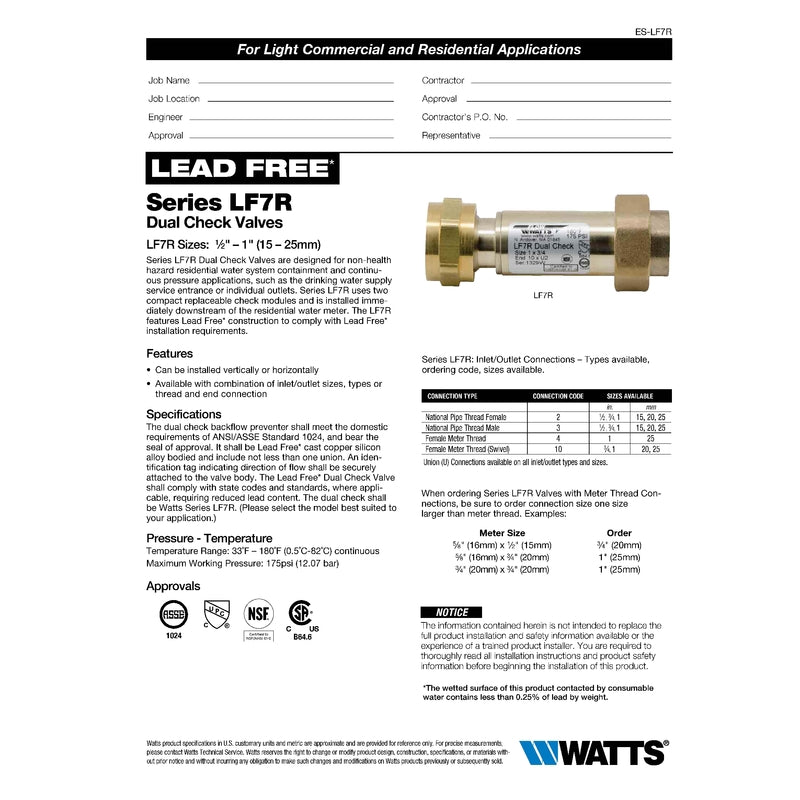 WATTS, Watts 3/4 po. D X 3/4 in. D Threaded Brass Double Check Valve